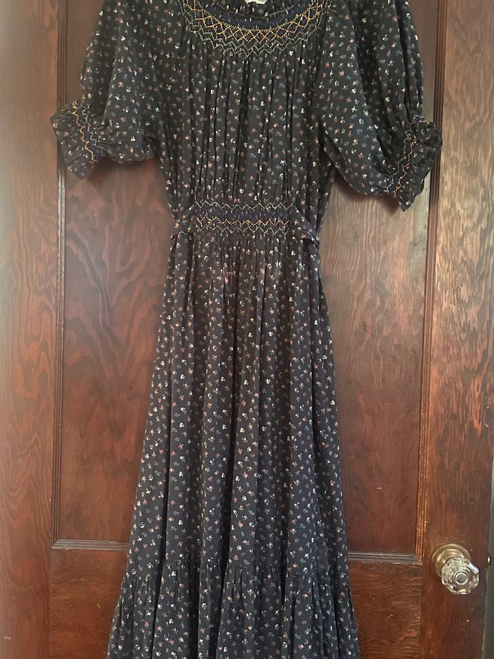 Doen Black Floral Maxi Dress with Smocked Bodice